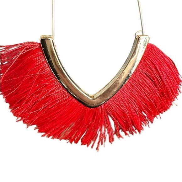 EUC - Red Dangle Hoop Fringe Earrings - Gold Trim - Picture 2 of 3
